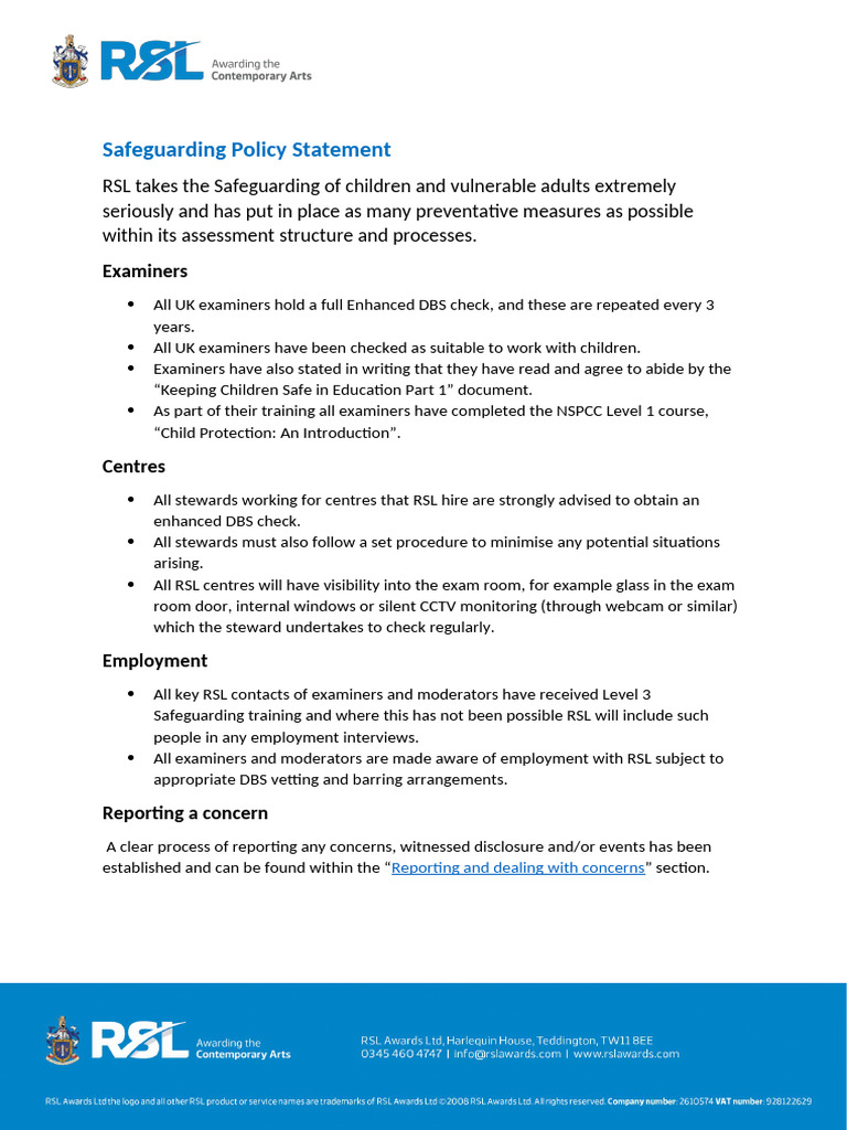RSL Safeguarding Policy Overview | PDF