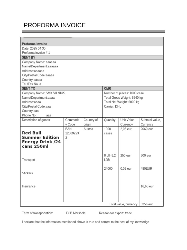 Proforma Invoice Template Example | PDF