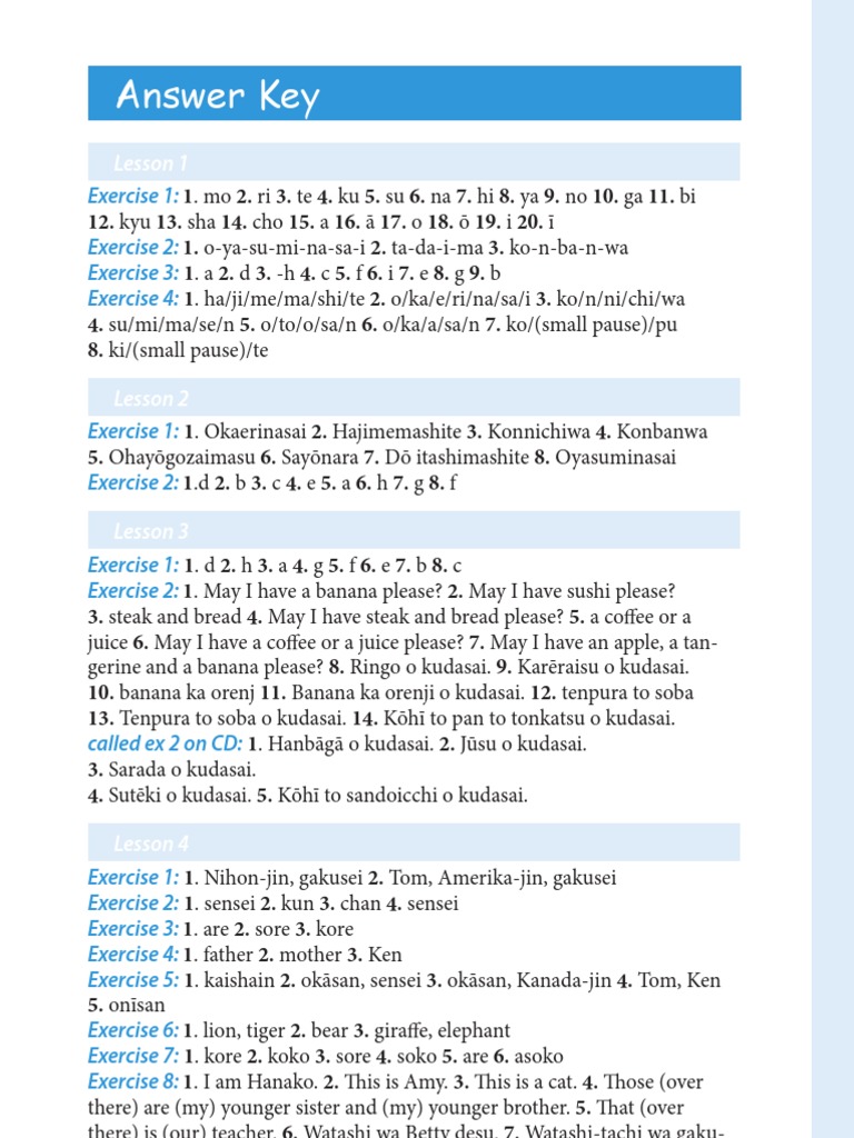Japanese Lesson Answer Key | PDF | Japanese Language | Languages
