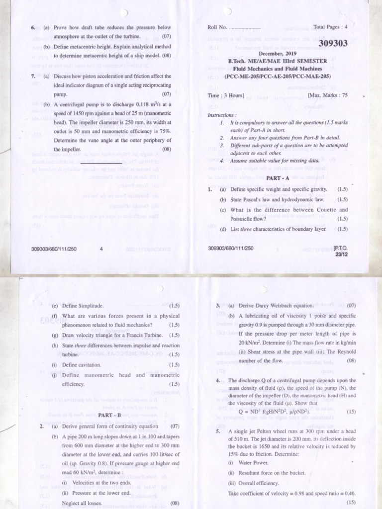 3rd Sem (2019-20), Fluid Mechanics & Machines | PDF