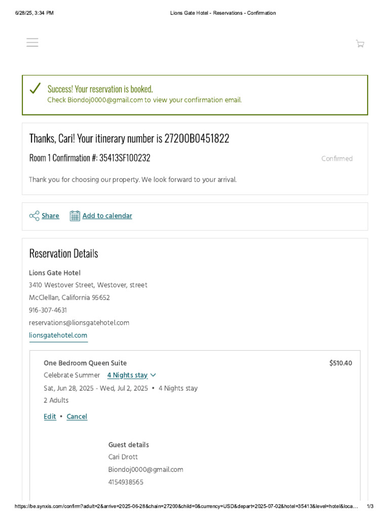 Lions Gate Hotel - Reservations - Confirmation | PDF
