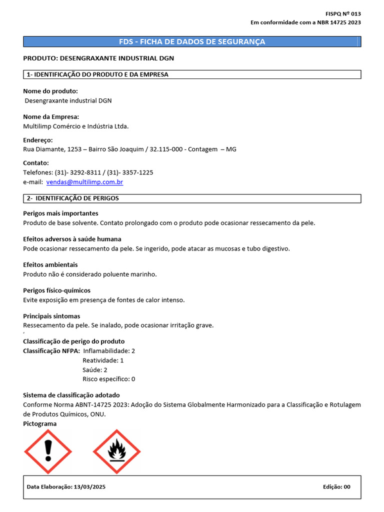 Ficha de Dados de Segurança: Desengraxante DGN | PDF | Águas residuais ...