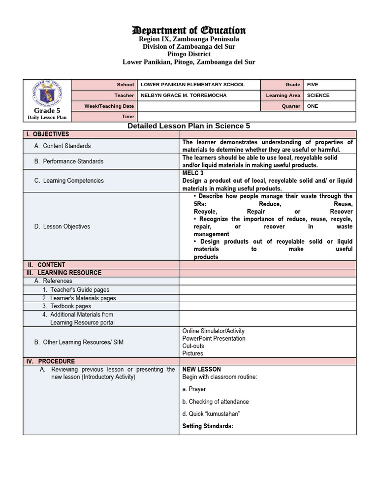 Grade 5 Science Lesson Plan: 5Rs Waste Management | PDF | Waste ...
