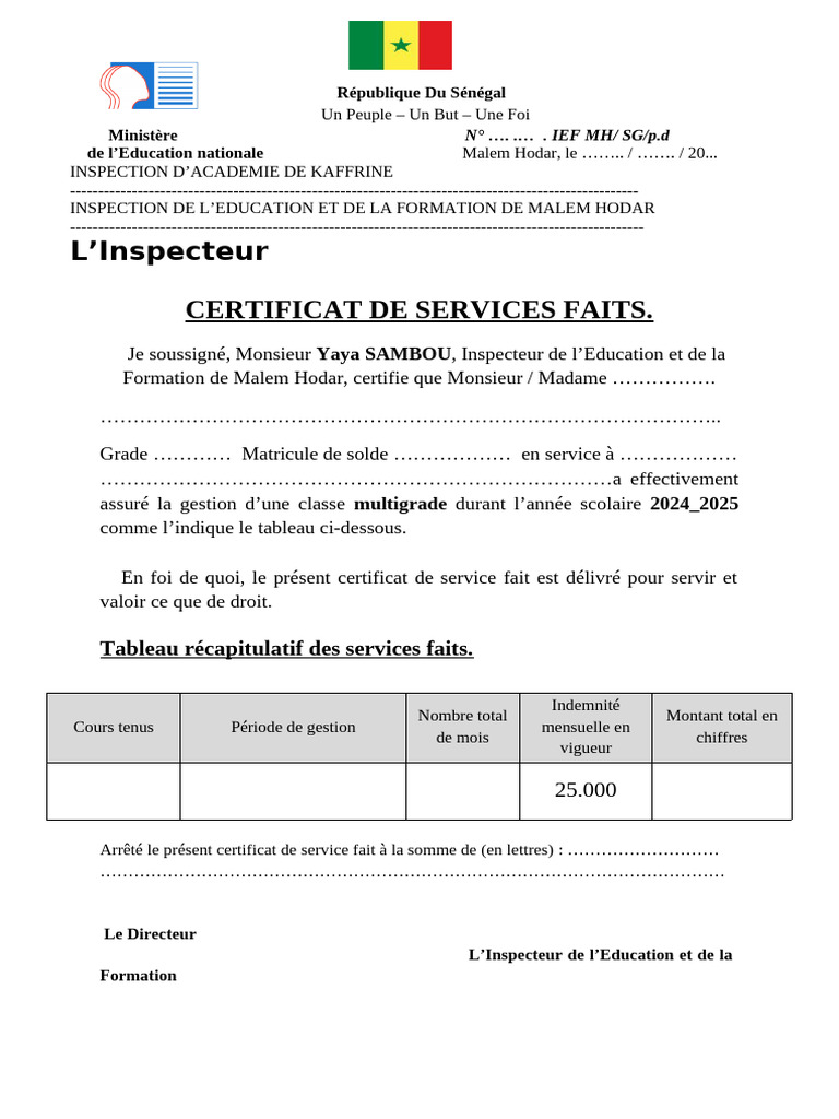 Certificat de Services Faits 2024-2025 | PDF