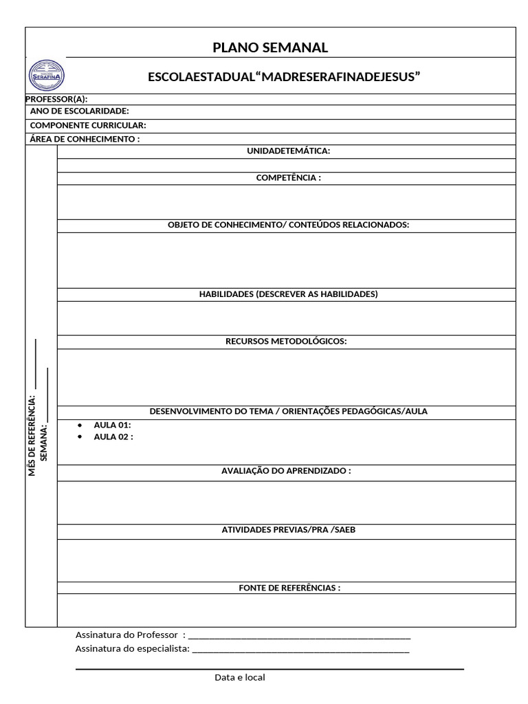 Plano Semanal de Aula para Educadores | PDF