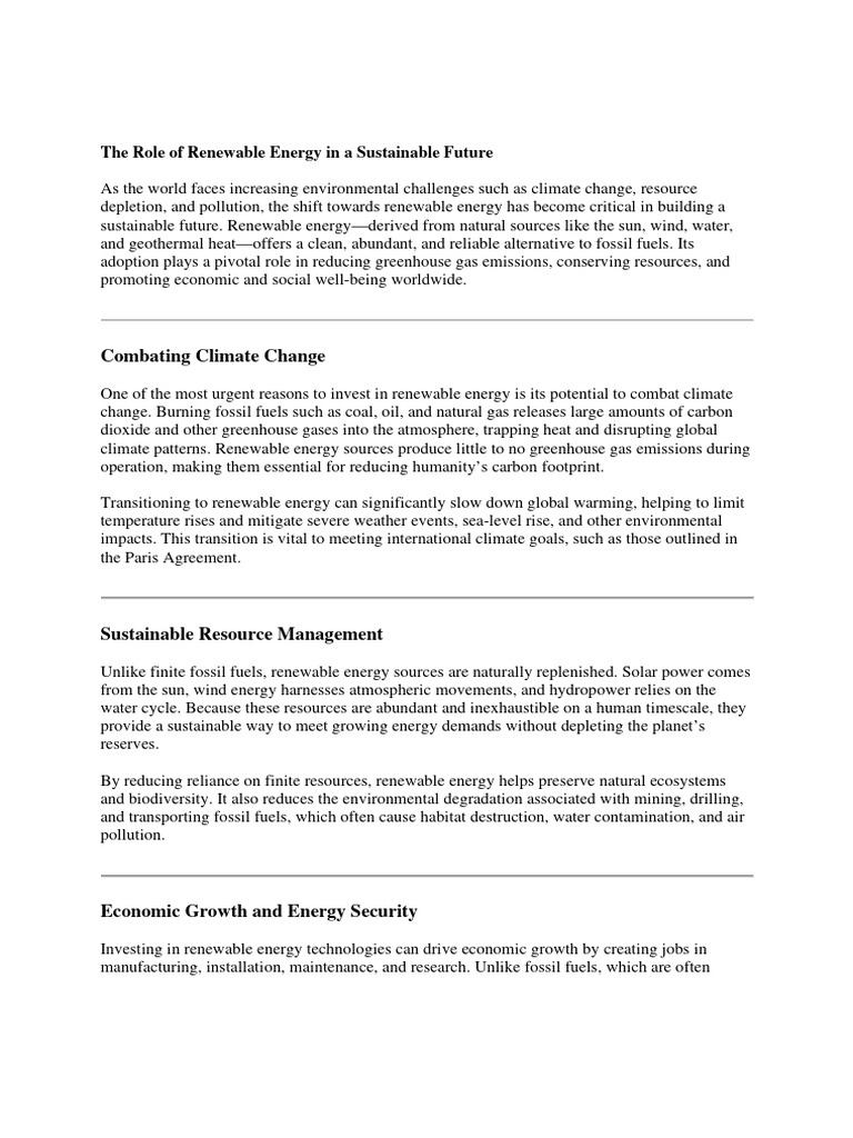 The Role of Renewable Energy in A Sustainable Future | PDF | Renewable ...