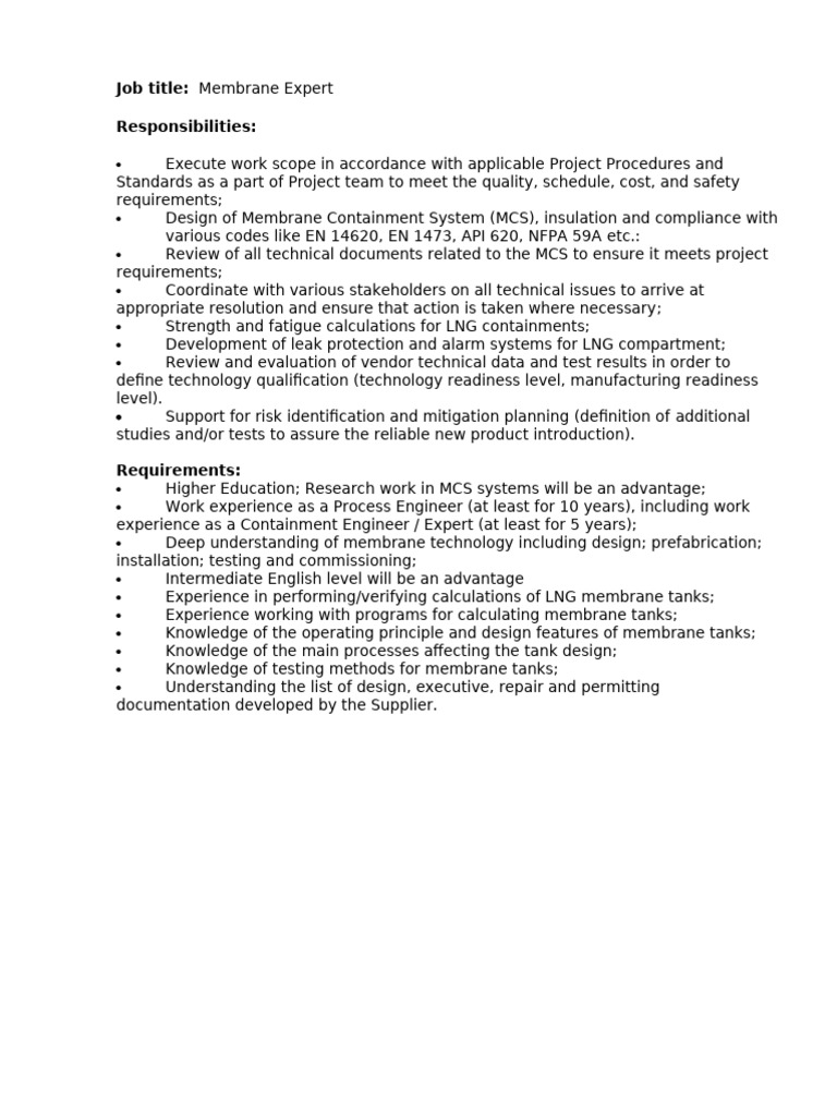 Membrane Expert Job Description | PDF