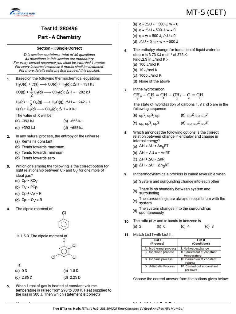 Chemistry Practice Questions for CET | PDF | Entropy | Heat