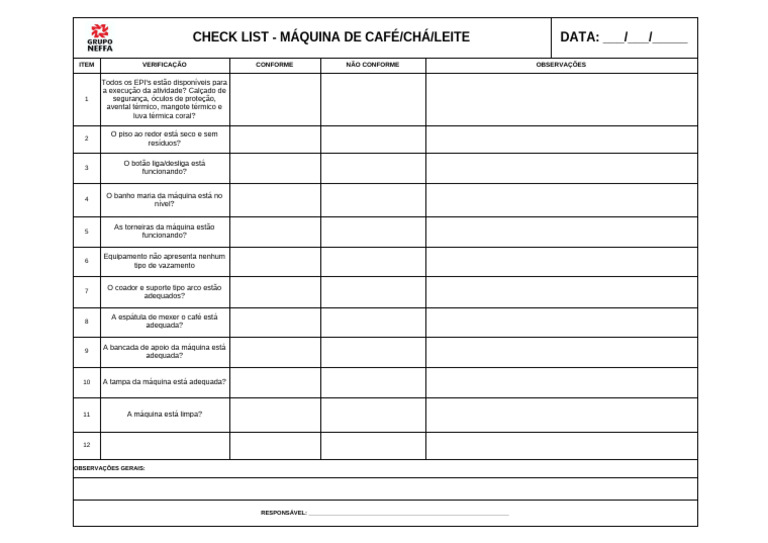 Checklist da Máquina de Café/Chá | PDF