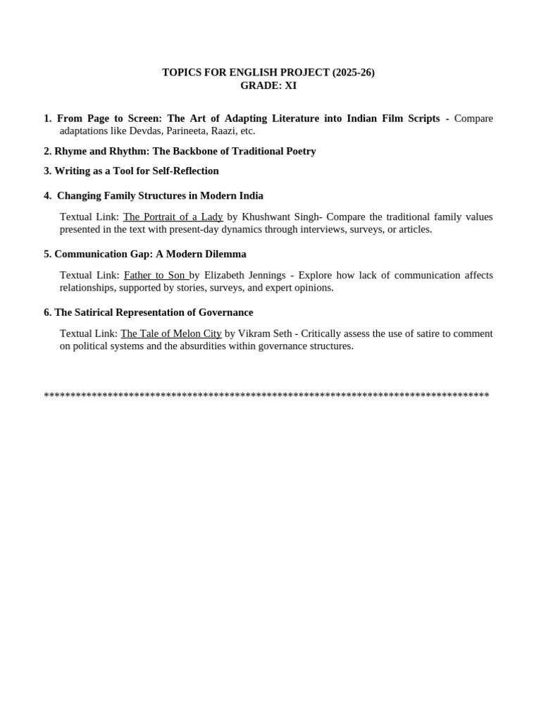 English Project Topics for Class 11 | PDF