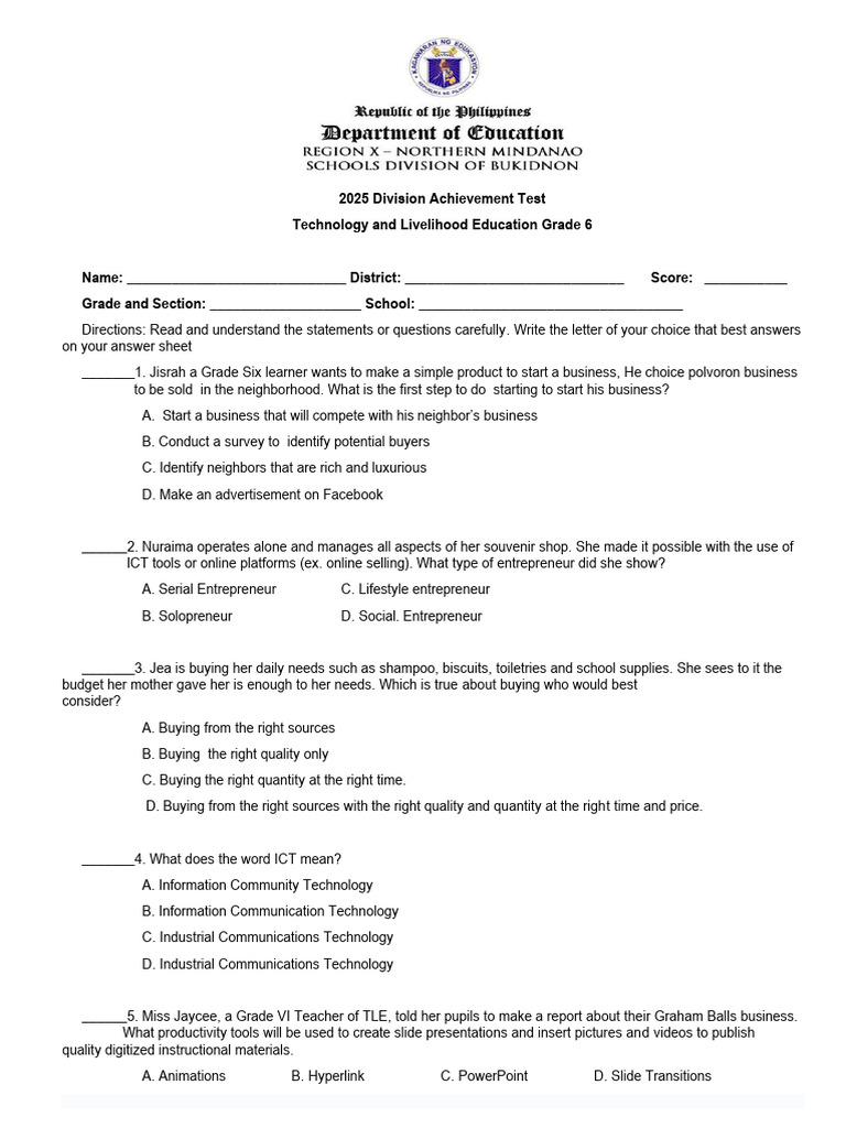 2025 Grade 6 TLE Achievement Test | PDF | Food Preservation | Fruit ...