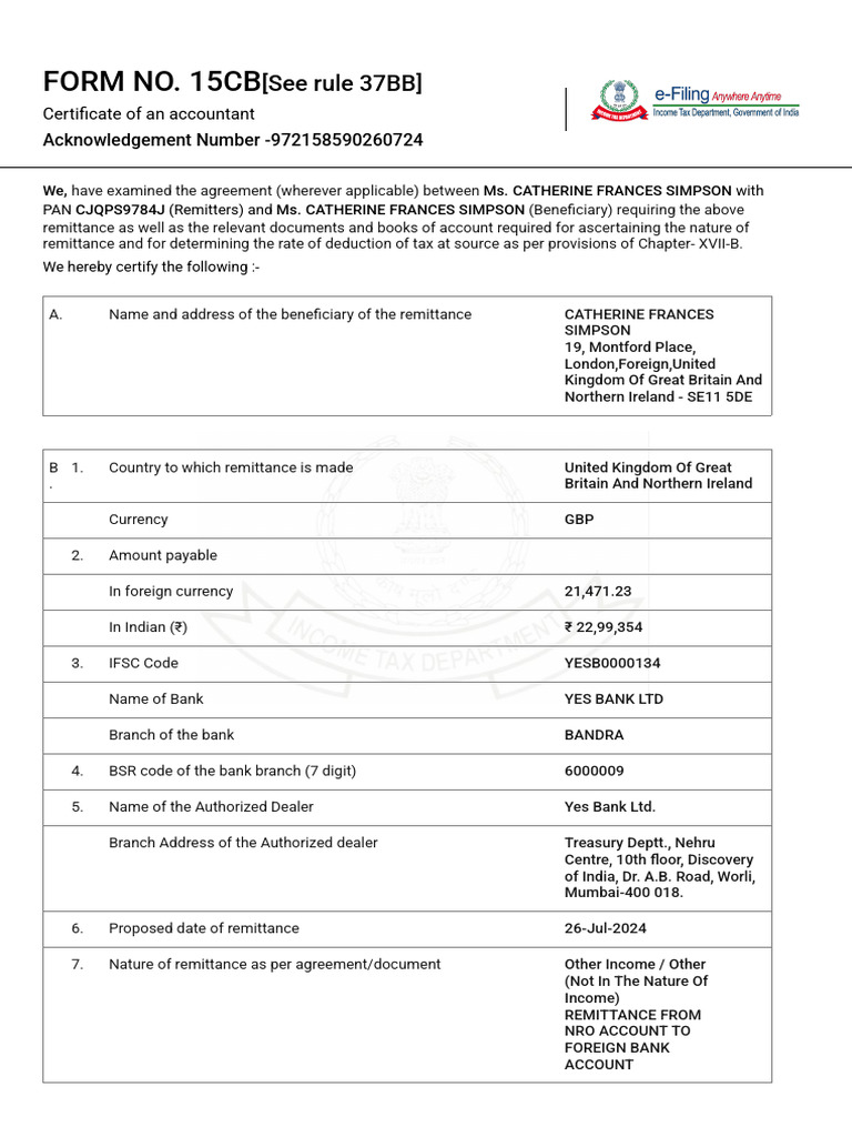 Form 15CB Certification for Remittance | PDF | Taxes | Money