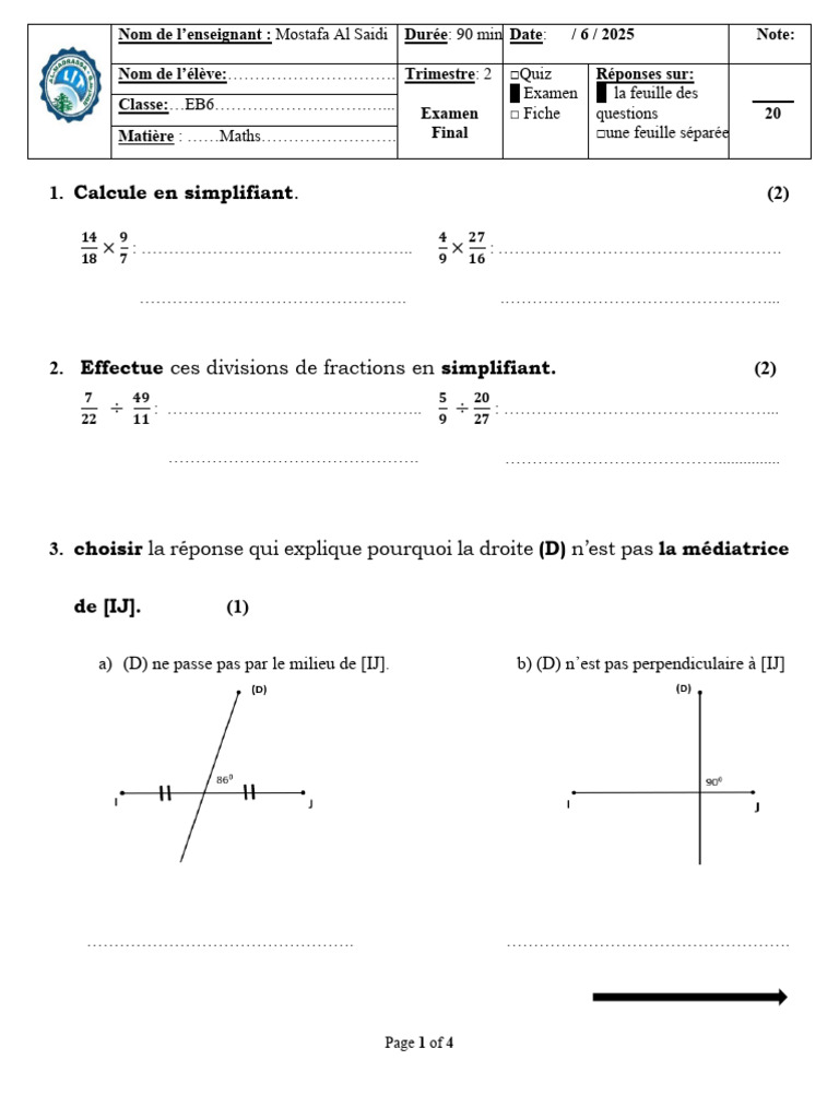 Examen de maths EB6 - Trimestre 2 | PDF | Triangle | Échecs