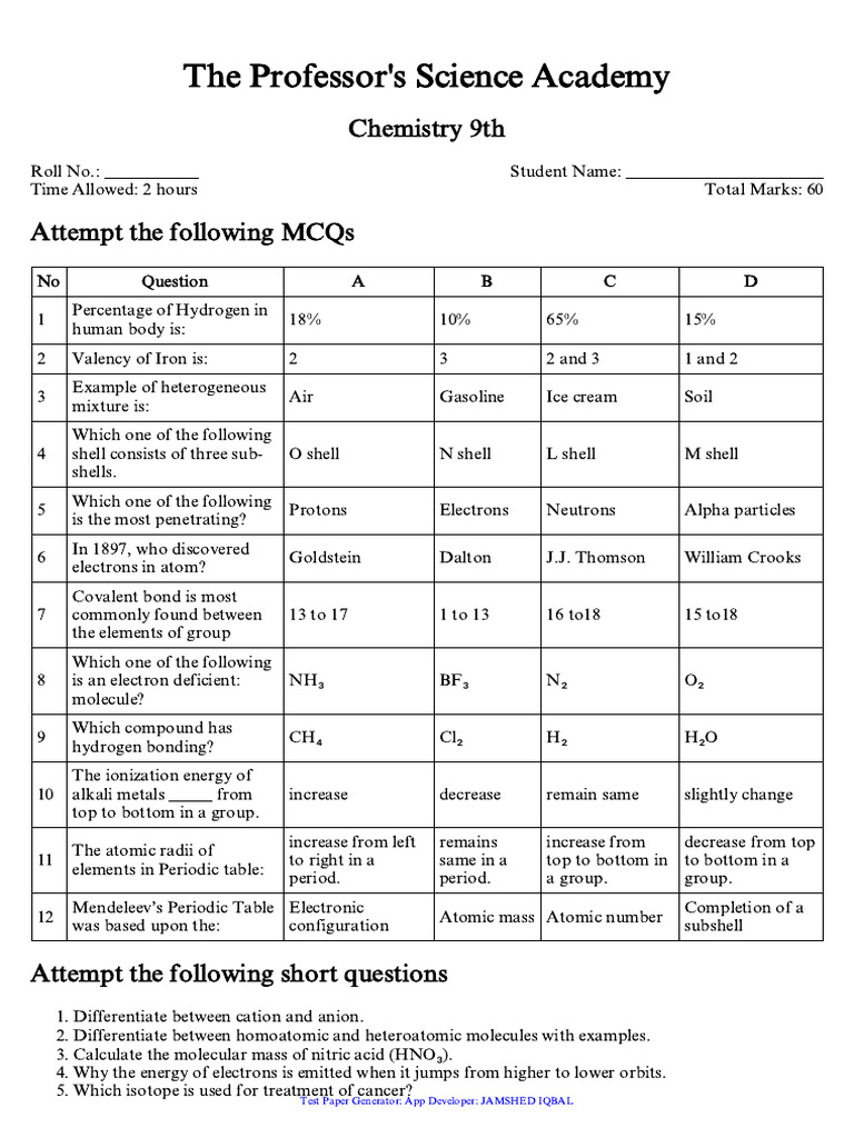 Class 9 Chemistry Test Paper | PDF | Periodic Table | Chemical Bond