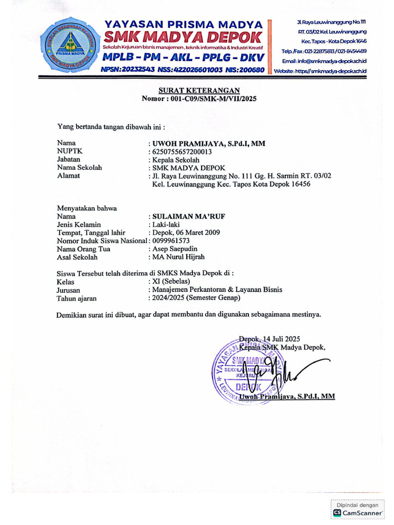 Surat Keterangan Diterima Di SMK Madya S | PDF