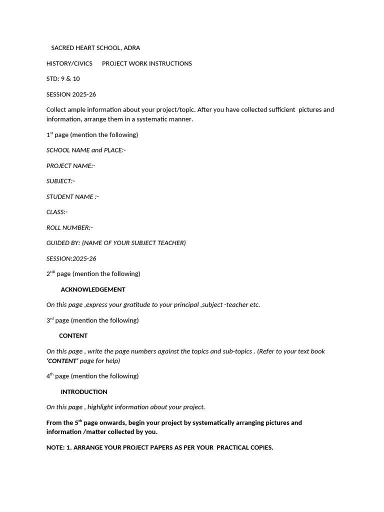 Instructions For STD 9+10 Hist Civ Project 2025-26 | PDF