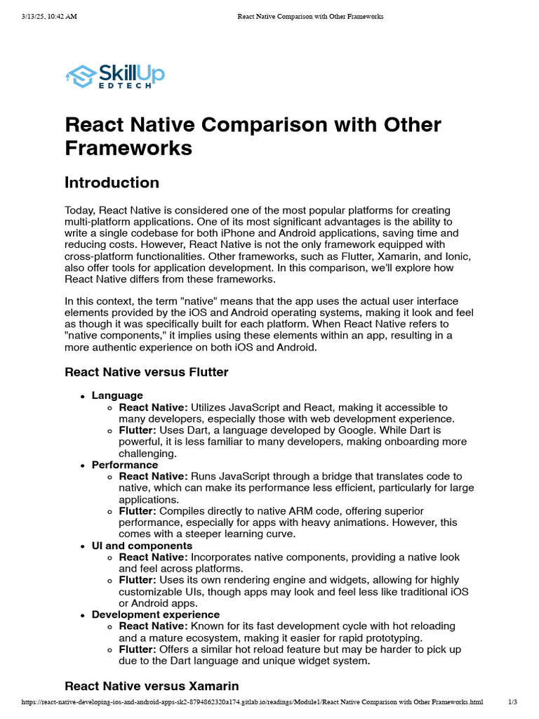 React Native vs. Other Frameworks | PDF | Xamarin | Mobile App