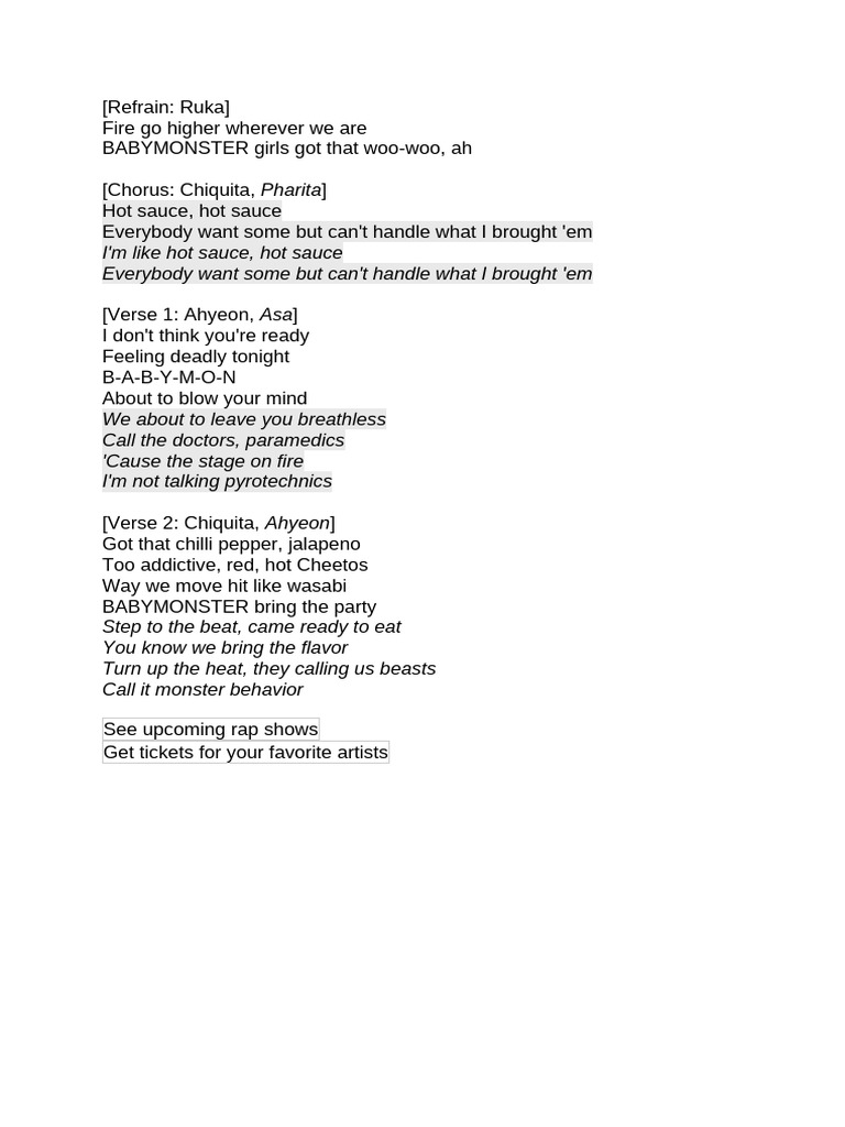 Hot Sauce by BABYMONSTER Lyrics | PDF