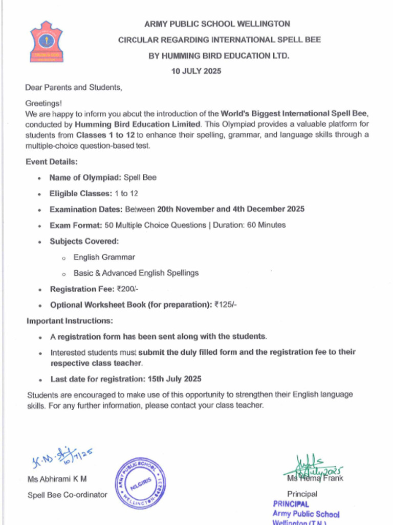 Circular Regarding International Spell Bee | PDF