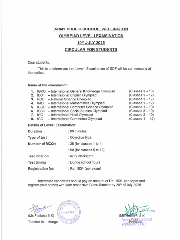 Circular For Students Regarding Olympiad Level I Examination | PDF