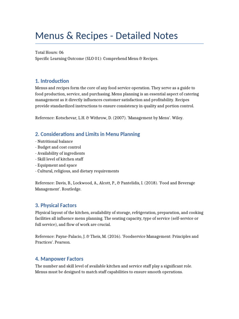 Menus and Recipes Detailed Notes | PDF | Menu | Foodservice