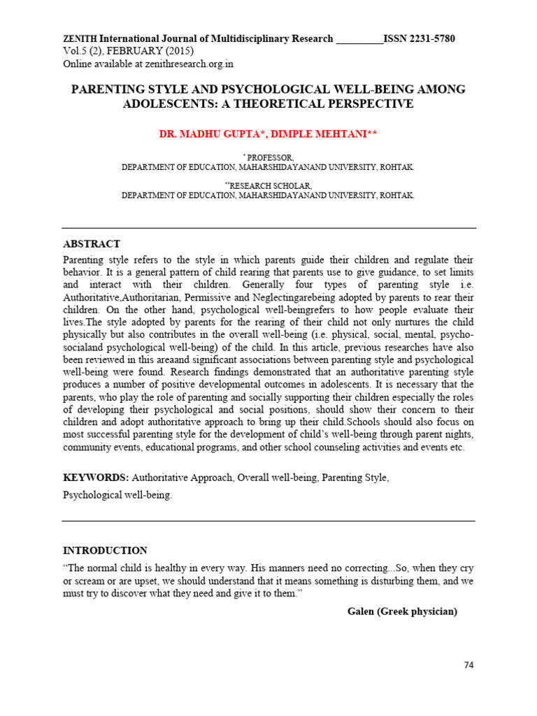 Parenting Style and Psychological Well-Being Among Adolescents | PDF ...