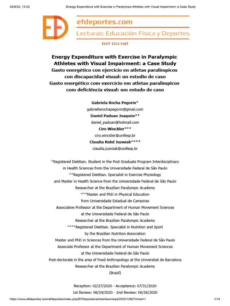 Energy Expenditure With Exercise in Paralympic Athletes With Visual ...