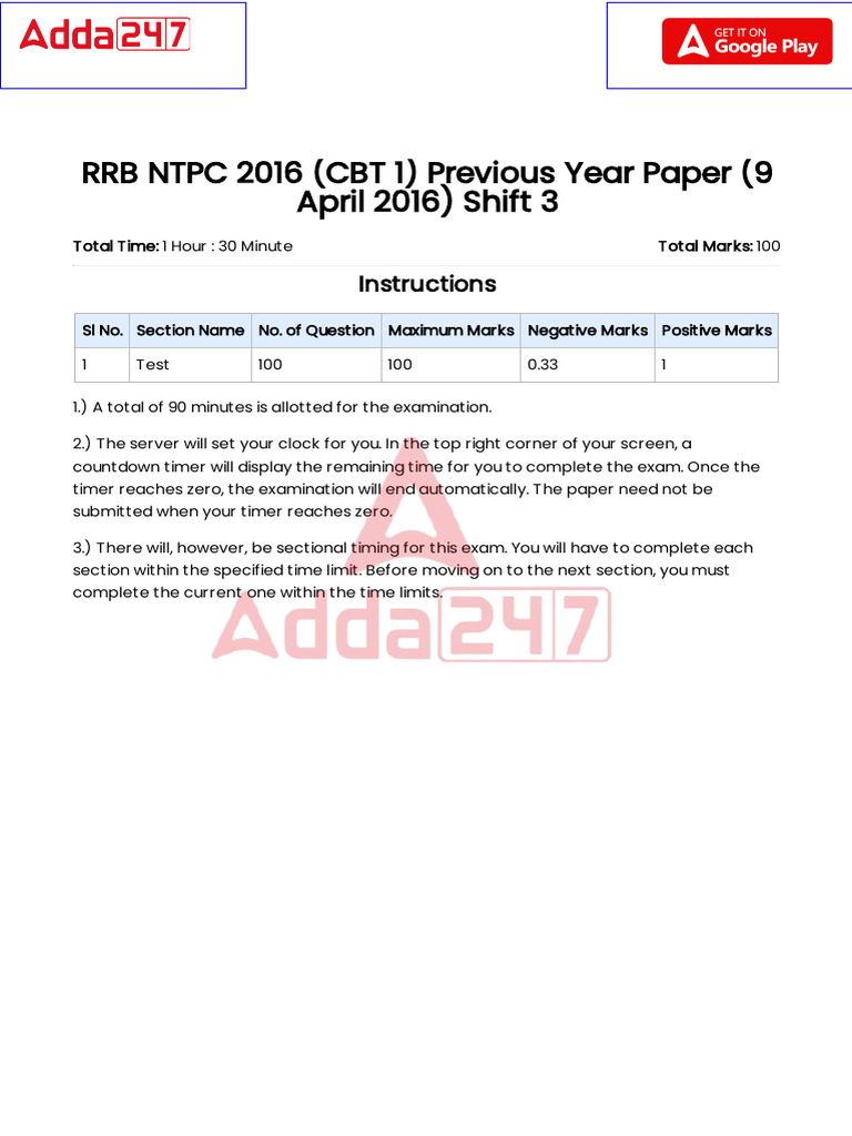 RRB NTPC CBT I Pyp Held On 9 Apr 2016 s3 Paper | PDF