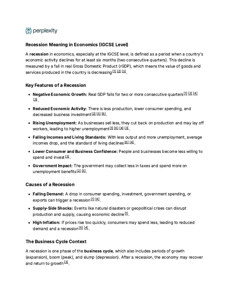 Recession Meaning in Economics (IGCSE Level) | PDF | Recession | Business  Cycle