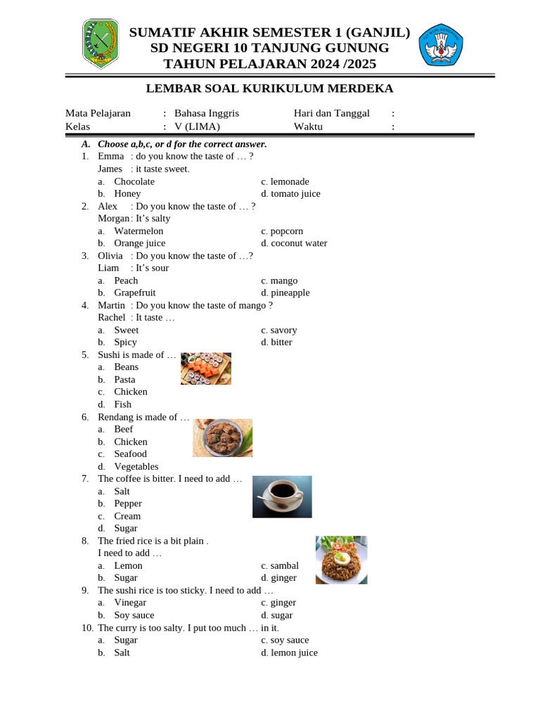 Sas B.inggris Kls 5 Smster 1 | PDF | Taste | Food And Drink Preparation