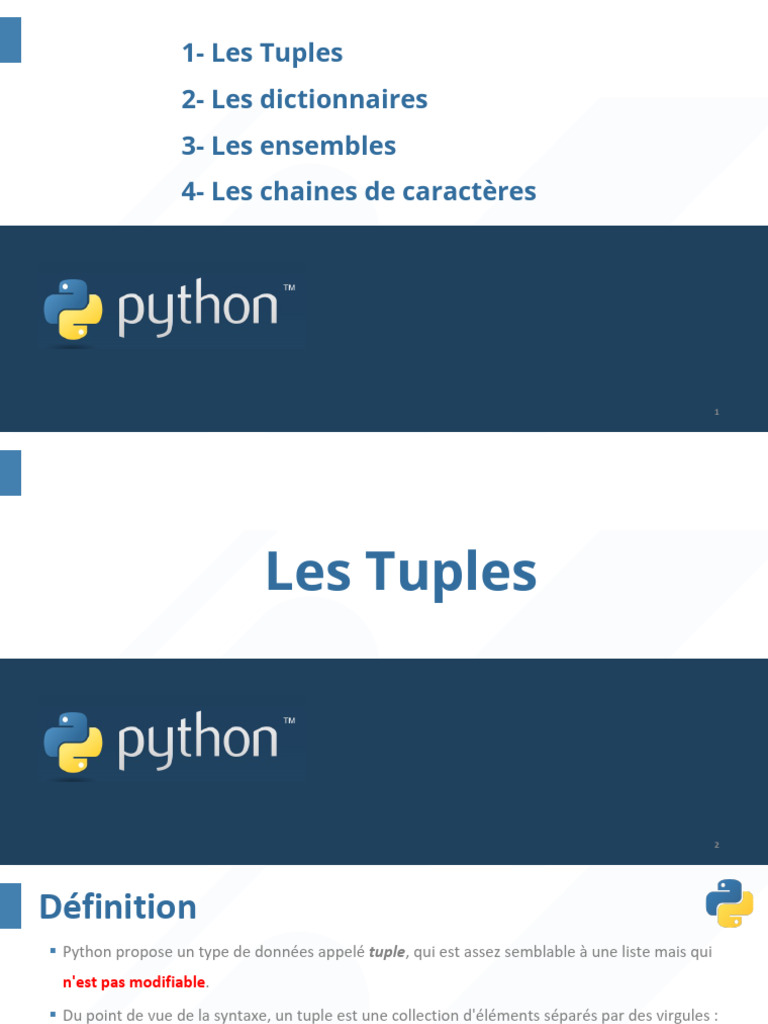 Types de données en Python : Tuples, Dictionnaires, Chaînes | PDF ...