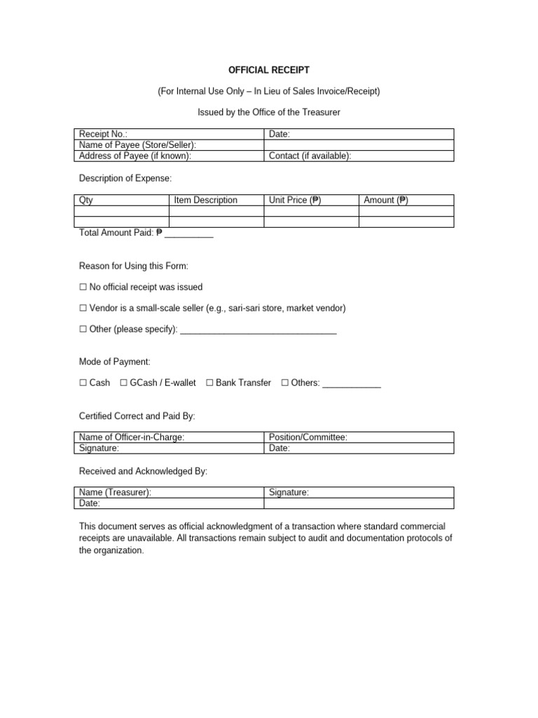 Official Receipt Template for Transactions | PDF | Receipt | Payments