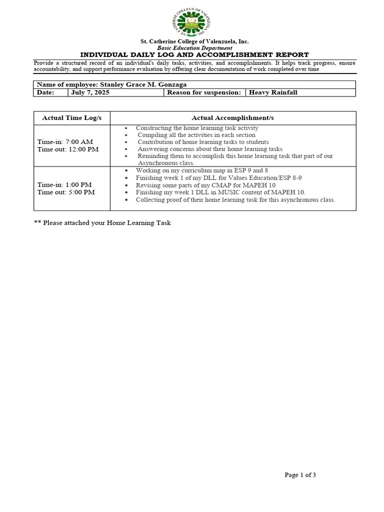 Individual Daily Log and Accomplishment Report | PDF | Learning ...
