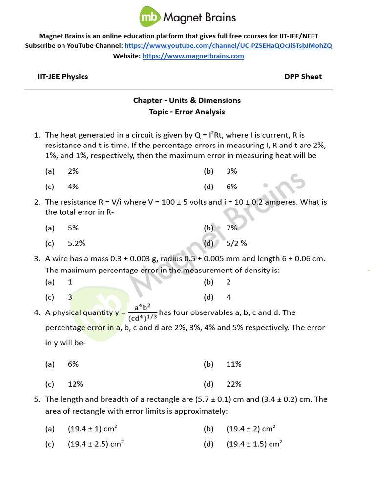 IT-JEE Physics - Units & Dimensions - Error Analysis DPP | PDF | Length ...