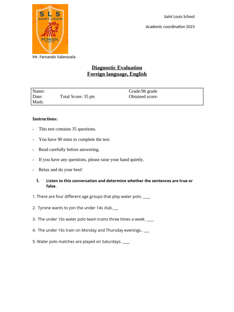 9th Grade English Diagnostic Test 2023 | PDF