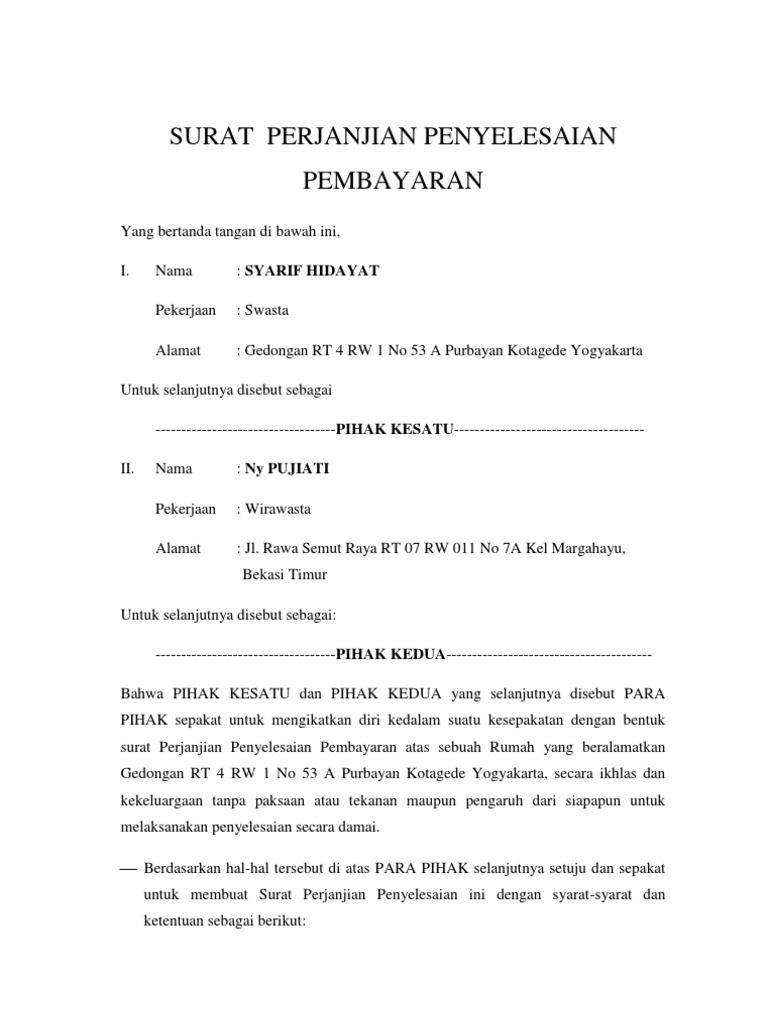 Surat Perjanjian Penyelesaian Pembayaran