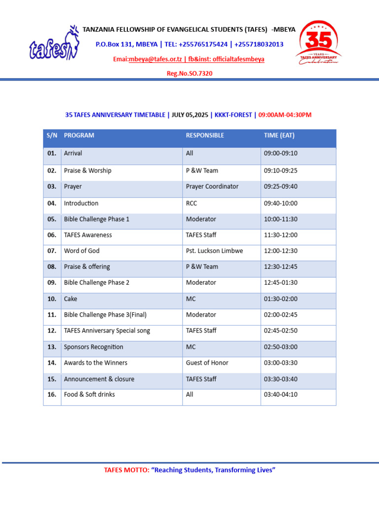 TAFES 35th Anniversary Timetable | PDF