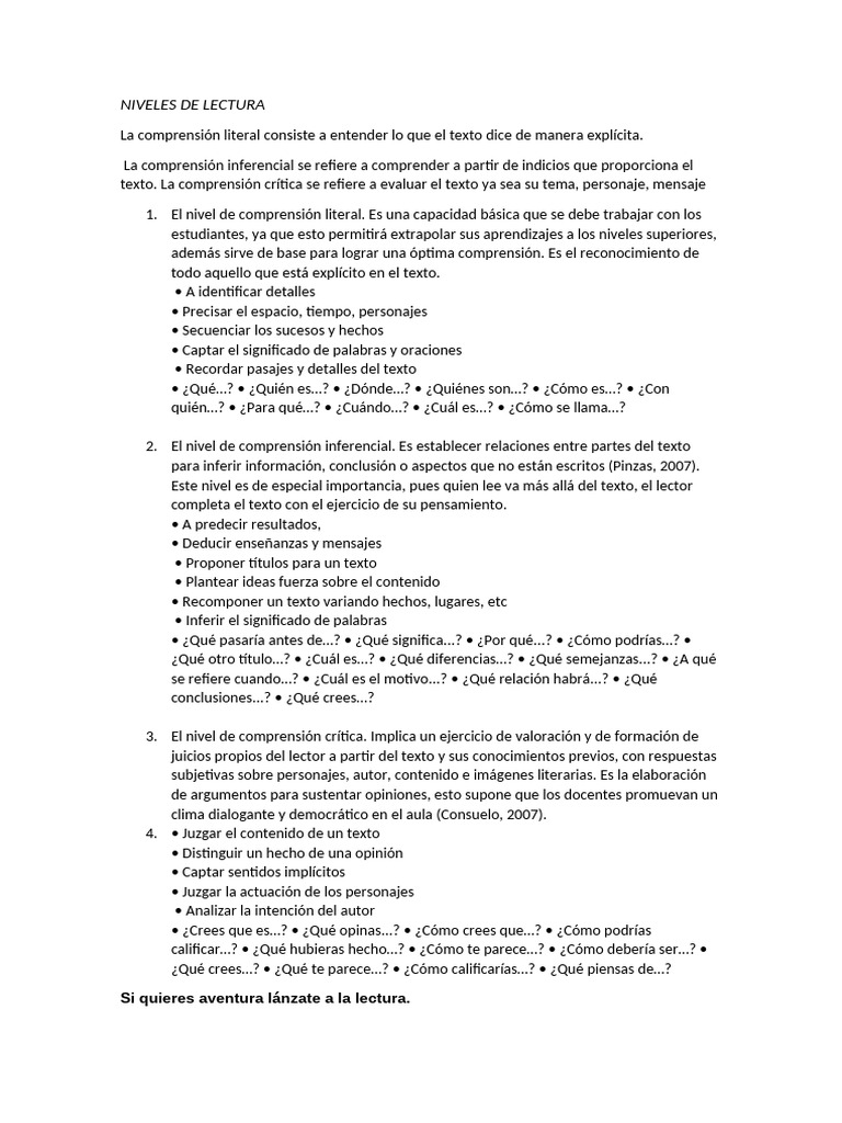 Niveles de Lectura | PDF | Comprensión | Cognición