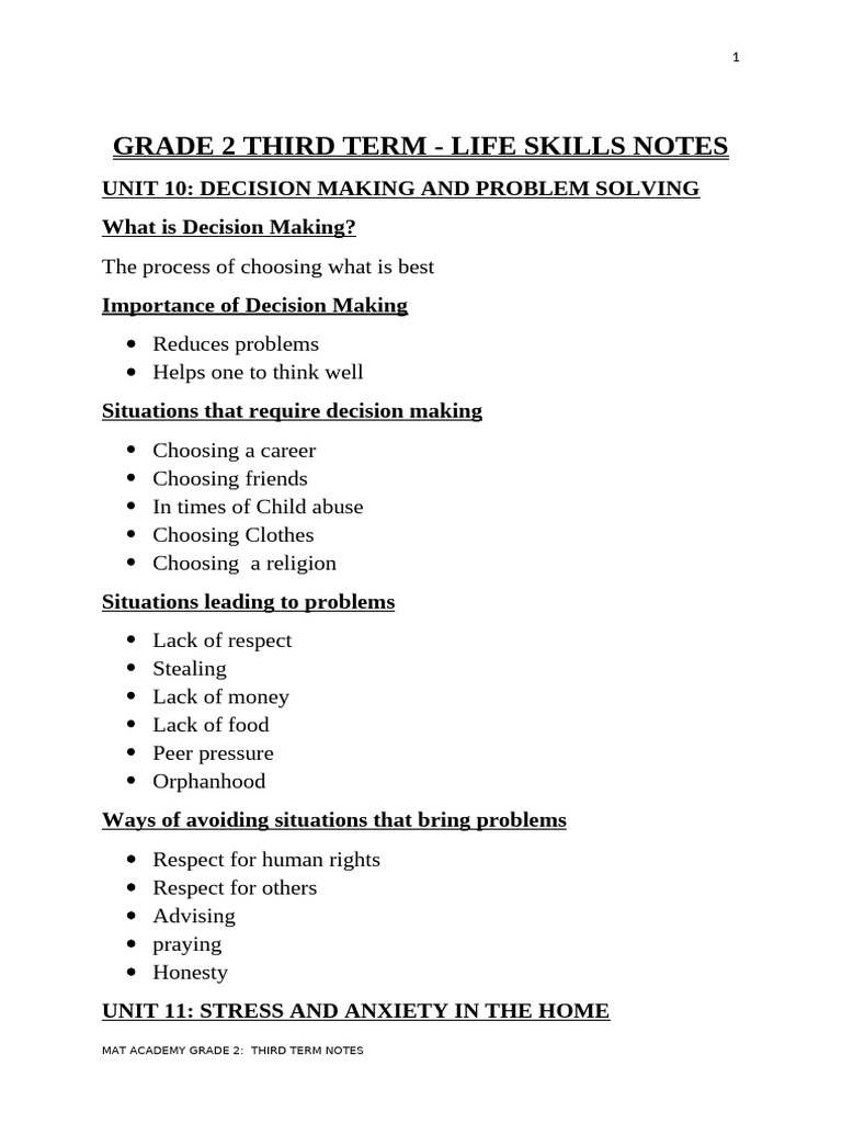 Life Skills Notes for Grade 2 Term 3 | PDF | Anxiety | Decision Making