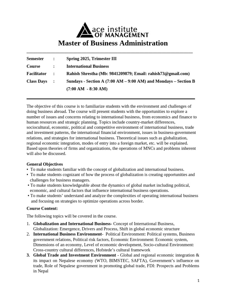 International Business Course Profile - MBA (Section A B) | PDF ...