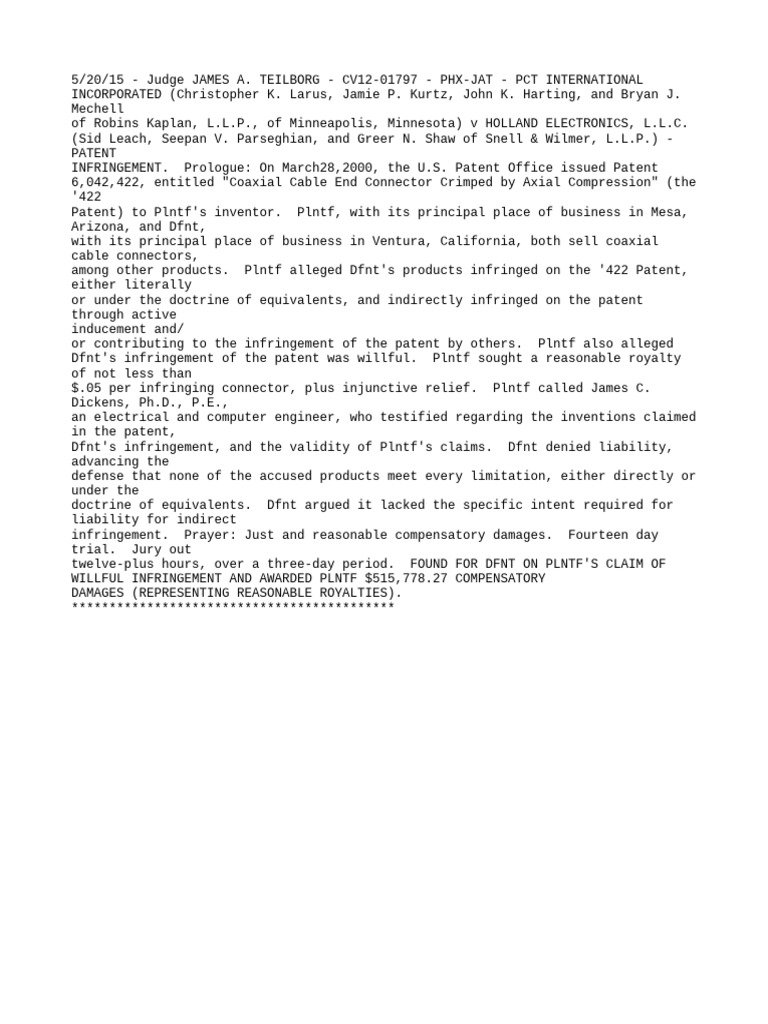 Patent Infringement Case Summary | PDF