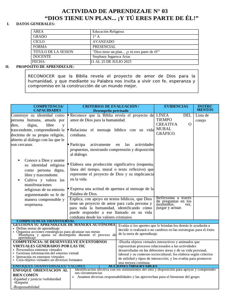 Plan de Dios: Aprendizaje Religioso 1° A | PDF | Aprendizaje | Dios