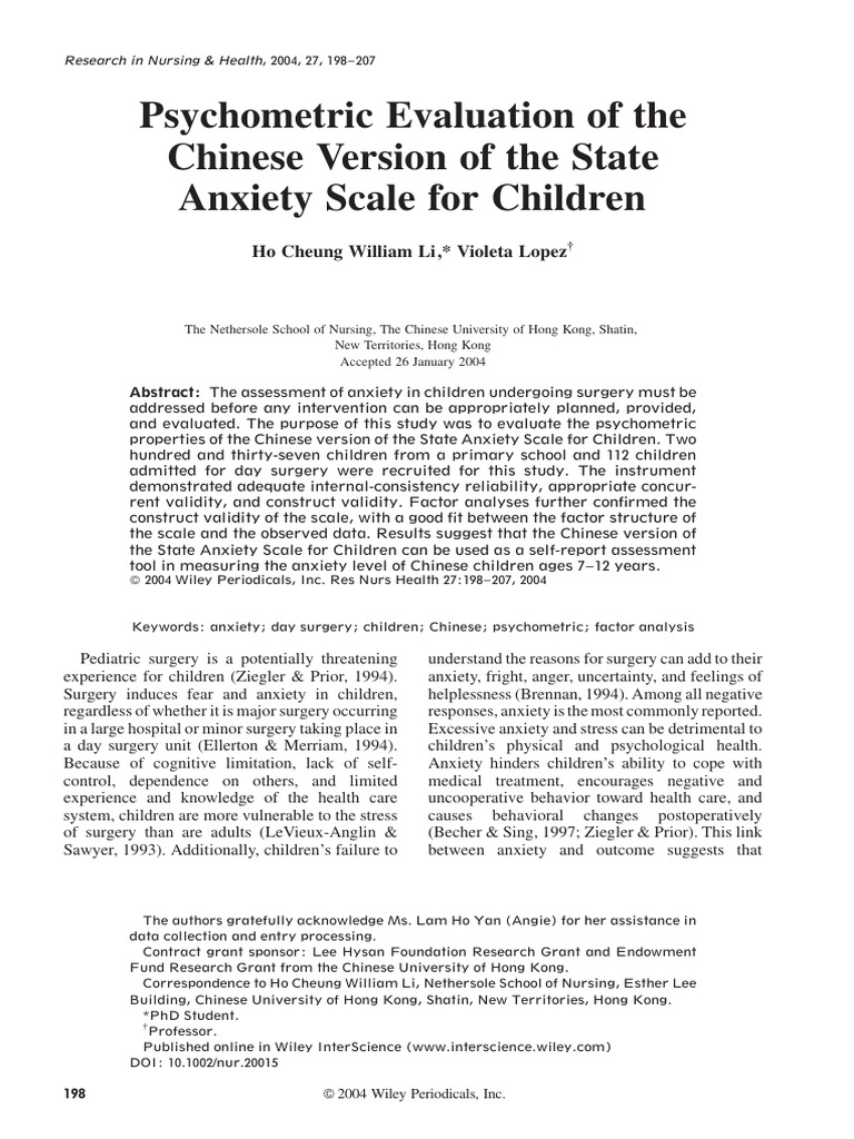 Chinese State Anxiety Scale for Children | PDF | Psychology