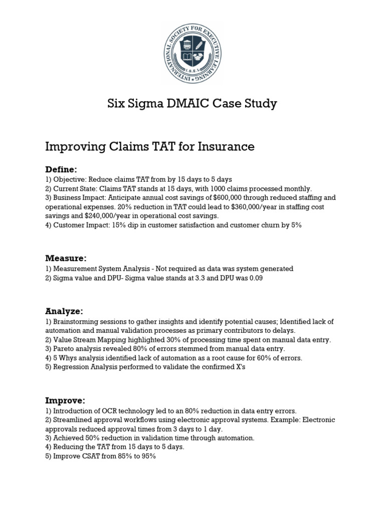 Claims TAT Reduction via DMAIC | PDF