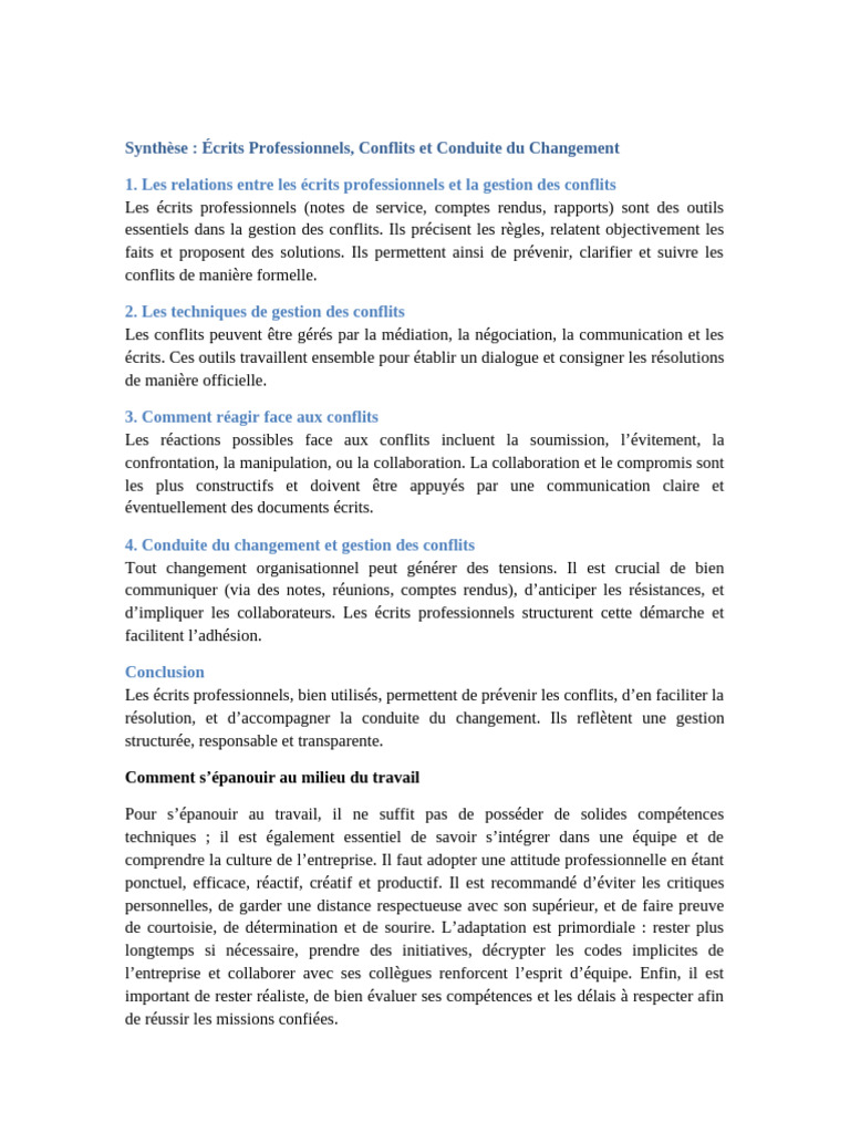 Écrits Professionnels et Gestion des Conflits | PDF | Résolution de ...