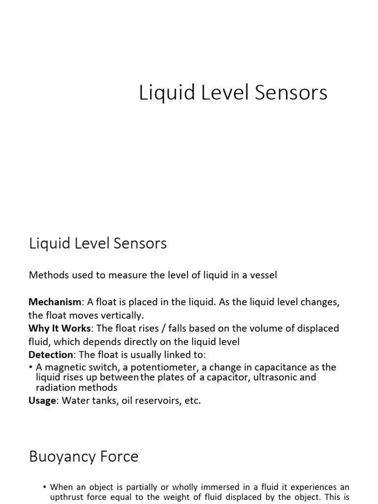 Liquid Level Sensors Explained | PDF | Buoyancy | Capacitor