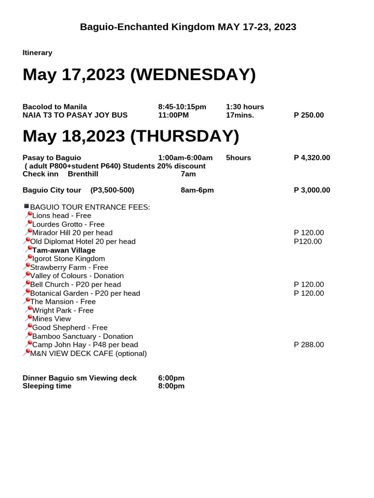 Baguio to Enchanted Kingdom Itinerary | PDF | Metro Manila | Bus Transport