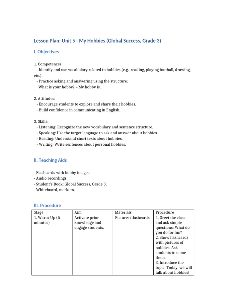 Hobbies Lesson Plan for Grade 3 | PDF | Vocabulary | Lesson Plan