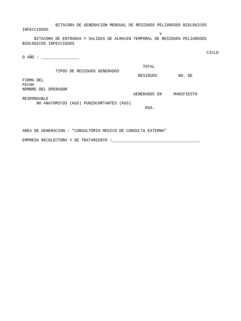 Bitácora Mensual de Residuos Peligrosos | PDF