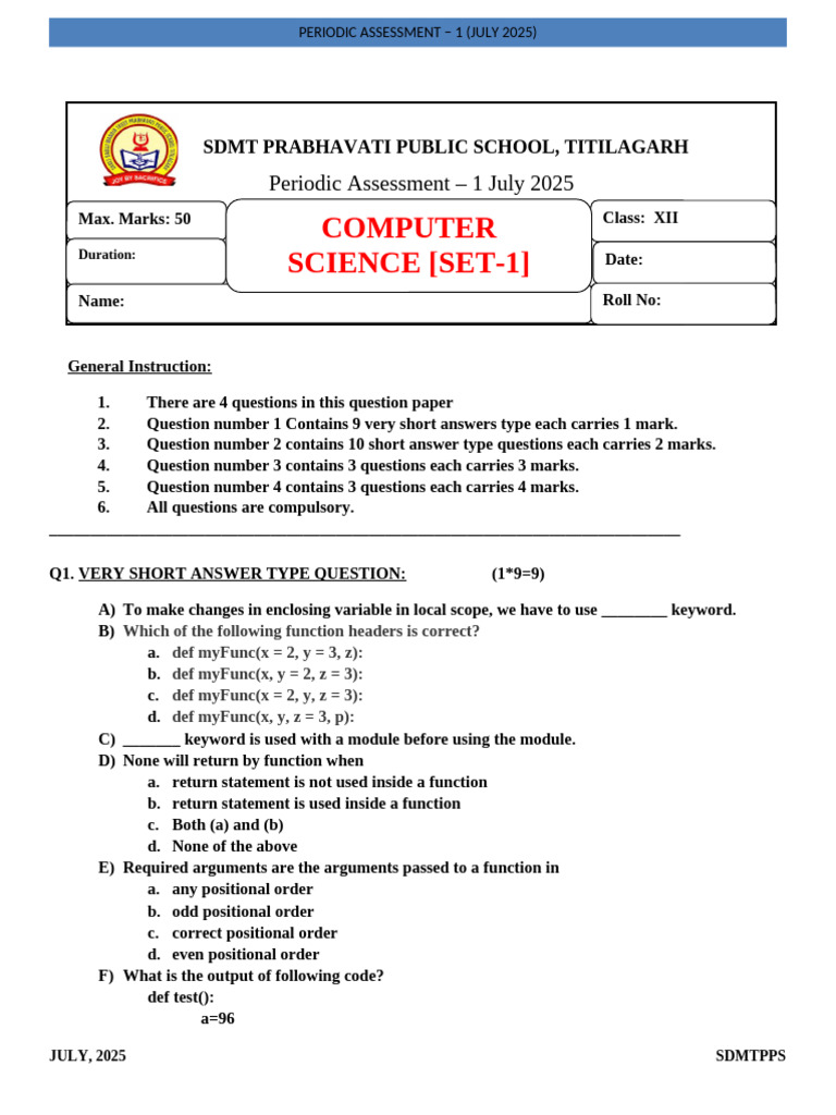 Comp.sc. Xii Pa1 2025 Set-1 | PDF | Parameter (Computer Programming ...